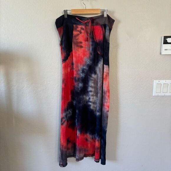Tie dye red blue white maxi skirt size L with drawstring and pockets uni… - Picture 1 of 6